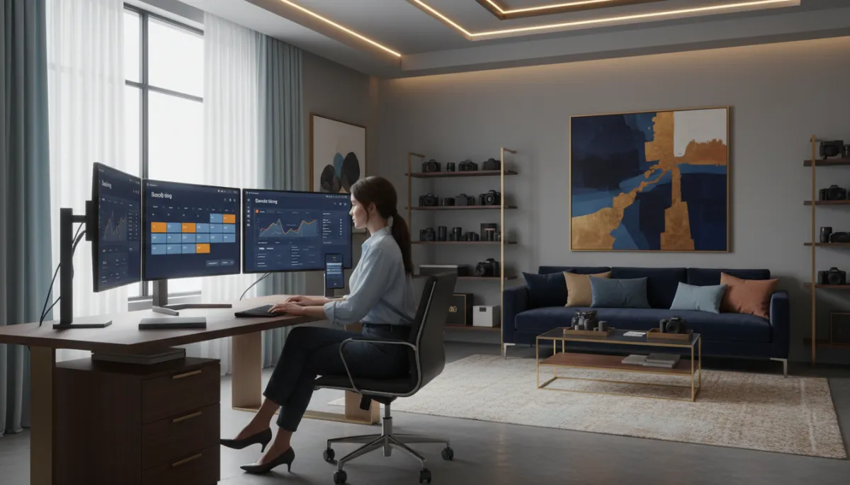 A photorealistic image of a modern photography studio where a professional photographer is using digital workflow systems and smart automation tools on a computer and smartphone. The space is stylish and organized, with screens displaying booking or CRM software, and subtle accents in branded colors: Dark Navy #233854, Medium Blue #416088, Light Blue #7aacDD, Gold #e5c059, Burnt Orange #B86133. The vibe is efficient, creative, and client-focused.