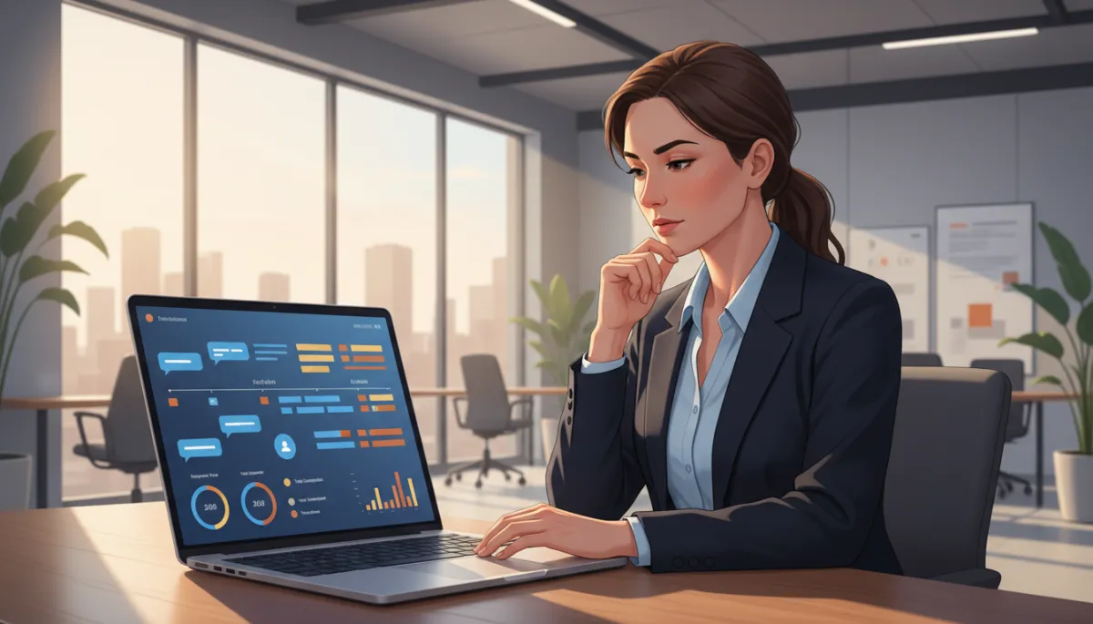 A photorealistic image of a business owner in a modern office at dawn, reviewing a digital dashboard on a laptop that displays logged AI assistant conversations from overnight. The screen shows a timeline of chat bubbles, action logs, and metrics, all styled with brand colors: Dark Navy #233854, Medium Blue #416088, Light Blue #7aacDD, Gold #e5c059, and Burnt Orange #B86133. The environment should feel professional and high-tech, with a subtle glow from the laptop illuminating the user's focused expression.