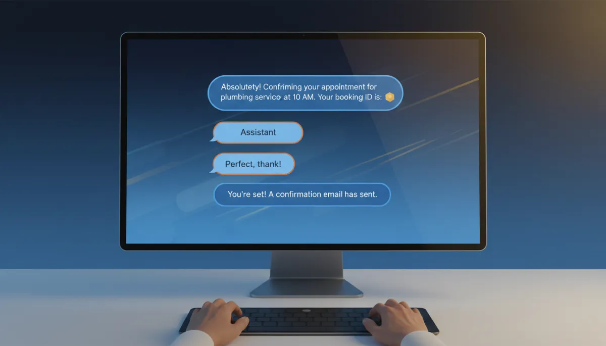 A photorealistic image of a customer seamlessly booking a service through an AI-powered chat interface on a smartphone or computer. The screen displays a chat conversation where the AI assistant confirms appointment details and books the job in real time, with brand colors: Dark Navy #233854, Medium Blue #416088, Light Blue #7aacDD, Gold #e5c059, Burnt Orange #B86133. The scene feels frictionless and modern, emphasizing ease of use and trust.