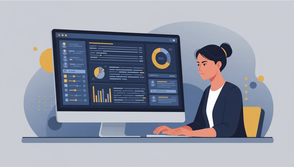A photorealistic image of a marketer at a desk intently analyzing a highly targeted digital contact list on a computer screen, with data filters and segmentation visuals visible. The scene conveys precision and focus. The interface and accents on the screen incorporate the brand colors: Dark Navy #233854, Medium Blue #416088, Light Blue #7aacDD, Gold #e5c059, and Burnt Orange #B86133. The overall look is modern, professional, and clean.