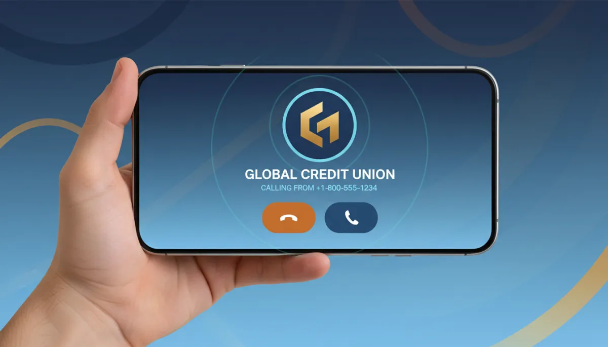 A photorealistic image of a smartphone screen held in a hand, displaying an incoming call from a recognizable business with a branded caller ID. The screen shows the business name and number in a trustworthy, familiar way. Use the following brand colors for accents and UI elements: Dark Navy #233854, Medium Blue #416088, Light Blue #7aacDD, Gold #e5c059, Burnt Orange #B86133. The overall feeling is confidence and familiarity, with the customer about to answer the call.