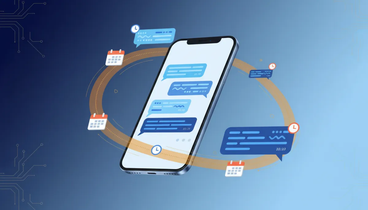 A photorealistic visualization of a controlled SMS drip sequence: A smartphone displaying scheduled text messages being sent out gradually over time, with a visual timeline or calendar showing messages spaced apart. Incorporate brand colors: Dark Navy #233854, Medium Blue #416088, Light Blue #7aacDD, Gold #e5c059, Burnt Orange #B86133. The image should convey the concept of scheduled, paced, or batched SMS delivery, NOT a mass send or spam.