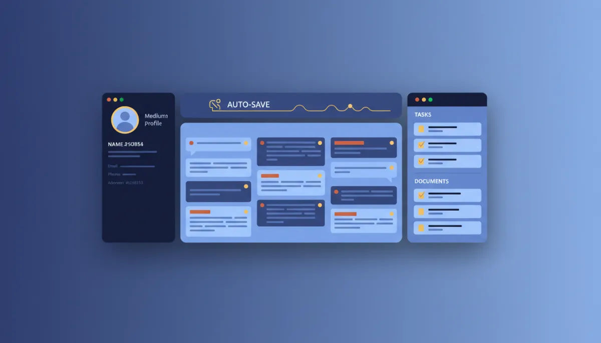 A photorealistic image of a desktop computer screen displaying a modern CRM dashboard. The dashboard should show a comprehensive customer profile, including contact information on the left, a timeline of conversations, notes, and activities in the center, and actionable items like tasks and documents on the right. The interface uses brand colors: Dark Navy #233854, Medium Blue #416088, Light Blue #7aacDD, Gold #e5c059, Burnt Orange #B86133. The overall look is clean, professional, and user-friendly, emphasizing the unified timeline and auto-save feature.