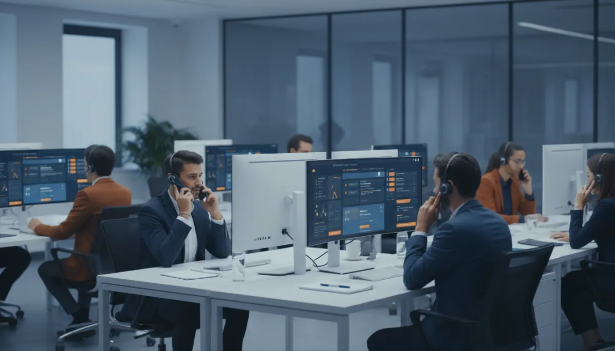 A photorealistic image of a modern sales team in an open office environment, each rep wearing headsets and focused on phone conversations at their computers. Prominently displayed on their screens is a call script dashboard with clear, organized prompts and guidance. The scene should use the brand colors: Dark Navy #233854, Medium Blue #416088, Light Blue #7aacDD, Gold #e5c059, and Burnt Orange #B86133. The overall mood is professional, collaborative, and technologically advanced. Insert this image after the first paragraph for a natural content break.