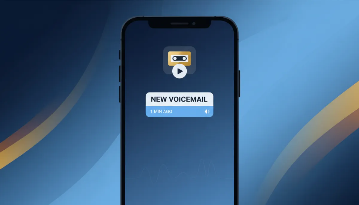 A photorealistic image of a modern smartphone screen displaying a voicemail notification for a new message, but with no missed call notification present. The phone is shown on a clean background that subtly incorporates the brand colors: Dark Navy (#233854), Medium Blue (#416088), Light Blue (#7aacDD), Gold (#e5c059), and Burnt Orange (#B86133). The focus is on the concept of a voicemail silently arriving without a ring or missed call, visually emphasizing the silent delivery and notification.