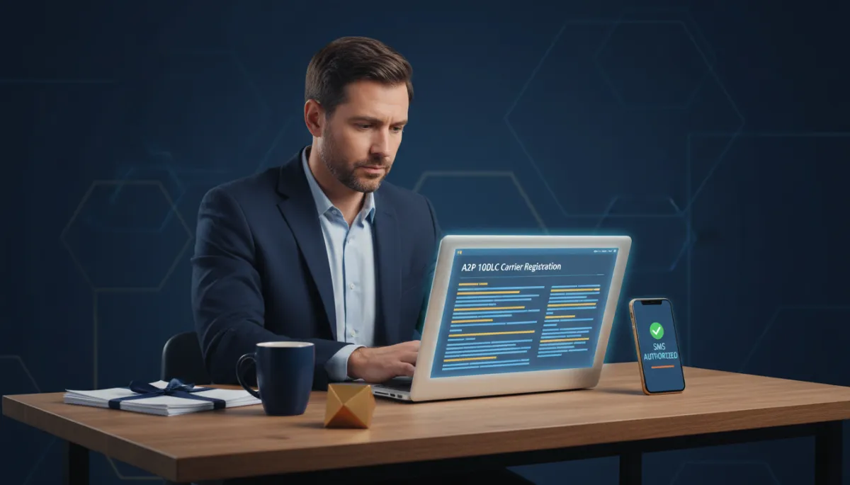 A photorealistic image of a business professional at a desk, reviewing SMS compliance registration documents on a laptop screen, with a mobile phone displaying an authorized SMS message. The scene should subtly incorporate brand colors: Dark Navy #233854, Medium Blue #416088, Light Blue #7aacDD, Gold #e5c059, and Burnt Orange #B86133 through office accessories, on-screen highlights, or background accents. The overall mood is responsible, trustworthy, and modern, emphasizing the importance of A2P 10DLC carrier registration.