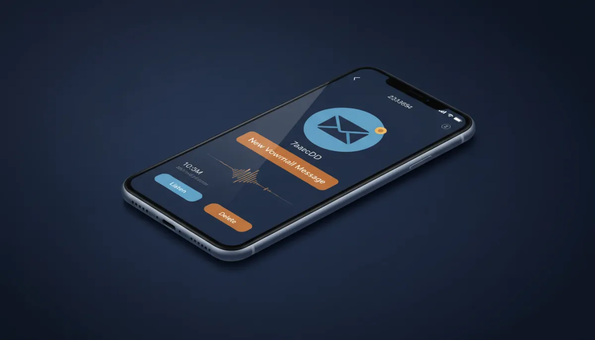 A photorealistic image of a modern smartphone lying quietly on a dark navy (#233854) surface, displaying its voicemail app with a new message notification. The screen shows a voicemail message arriving silently, with no call in progress or ringing. Subtle accents in medium blue (#416088), light blue (#7aacDD), gold (#e5c059), and burnt orange (#B86133) are visible on the phone interface elements or notification icons, evoking a professional, business-oriented yet non-intrusive communication strategy.