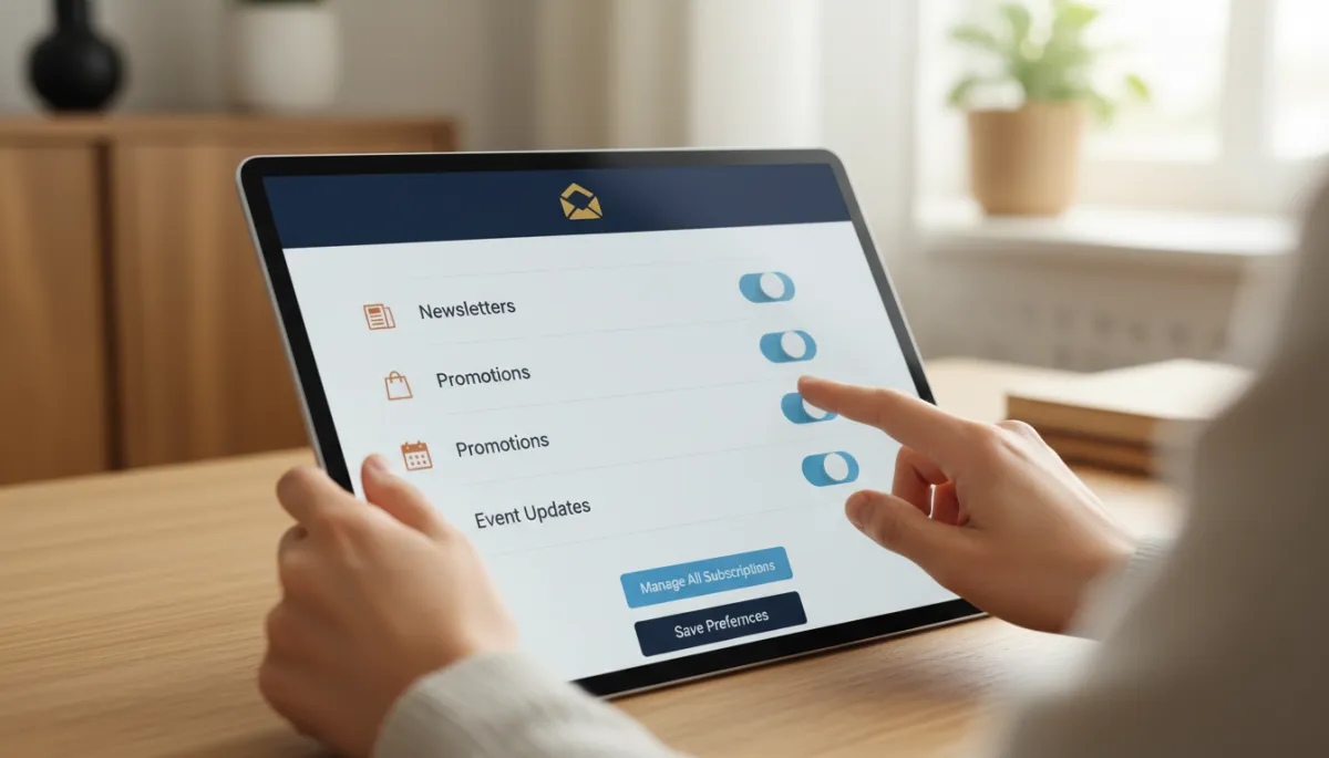 A photorealistic image of a person adjusting their email subscription preferences on a modern email preference management page, featuring visible categories like Newsletters, Promotions, and Event Updates. The interface should use the brand colors: Dark Navy #233854, Medium Blue #416088, Light Blue #7aacDD, Gold #e5c059, Burnt Orange #B86133. The scene should evoke clarity, choice, and user empowerment in a realistic, office or home digital setting.