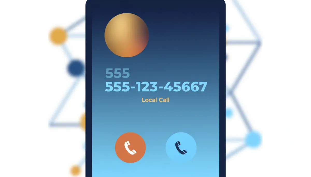 A photorealistic smartphone screen displaying an incoming call from a local phone number with a familiar area code, making the user more likely to answer. The phone interface should subtly incorporate brand colors: Dark Navy #233854, Medium Blue #416088, Light Blue #7aacDD, Gold #e5c059, Burnt Orange #B86133.