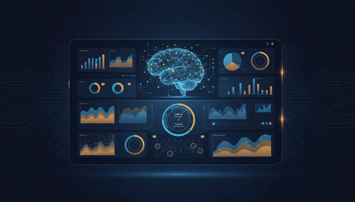 A photorealistic image of an artificial intelligence system analyzing complex data visualizations and recommending the perfect send time on a smart scheduling dashboard. The dashboard interface uses brand colors: Dark Navy #233854, Medium Blue #416088, Light Blue #7aacDD, Gold #e5c059, and Burnt Orange #B86133. The scene should evoke precision and personalization, with a digital clock or calendar highlighting optimal send moments. The overall look is modern, sleek, and professional.