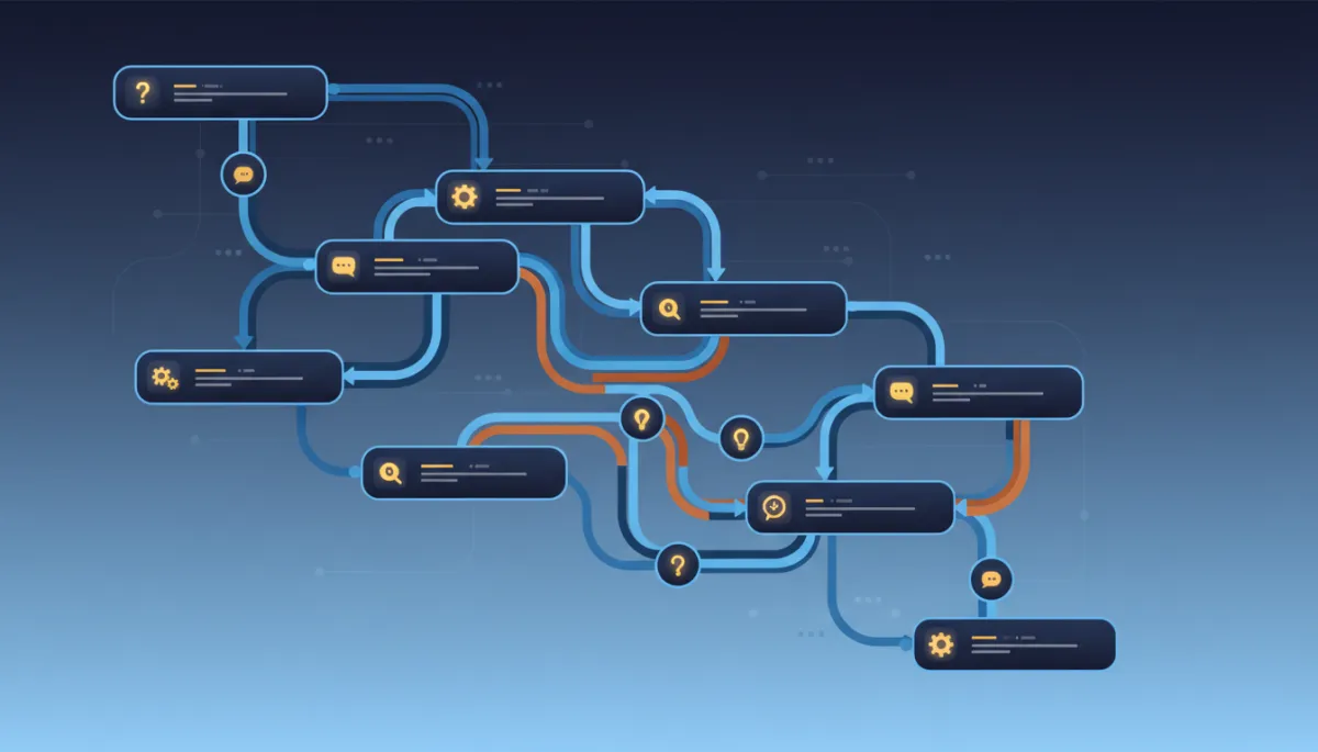 A photorealistic image of a digital conversation flow diagram or AI chatbot decision tree interface, featuring clearly mapped decision paths, nodes, and branching flows. The interface should look modern and professional, using the brand colors: Dark Navy (#233854), Medium Blue (#416088), Light Blue (#7aacDD), Gold (#e5c059), and Burnt Orange (#B86133).