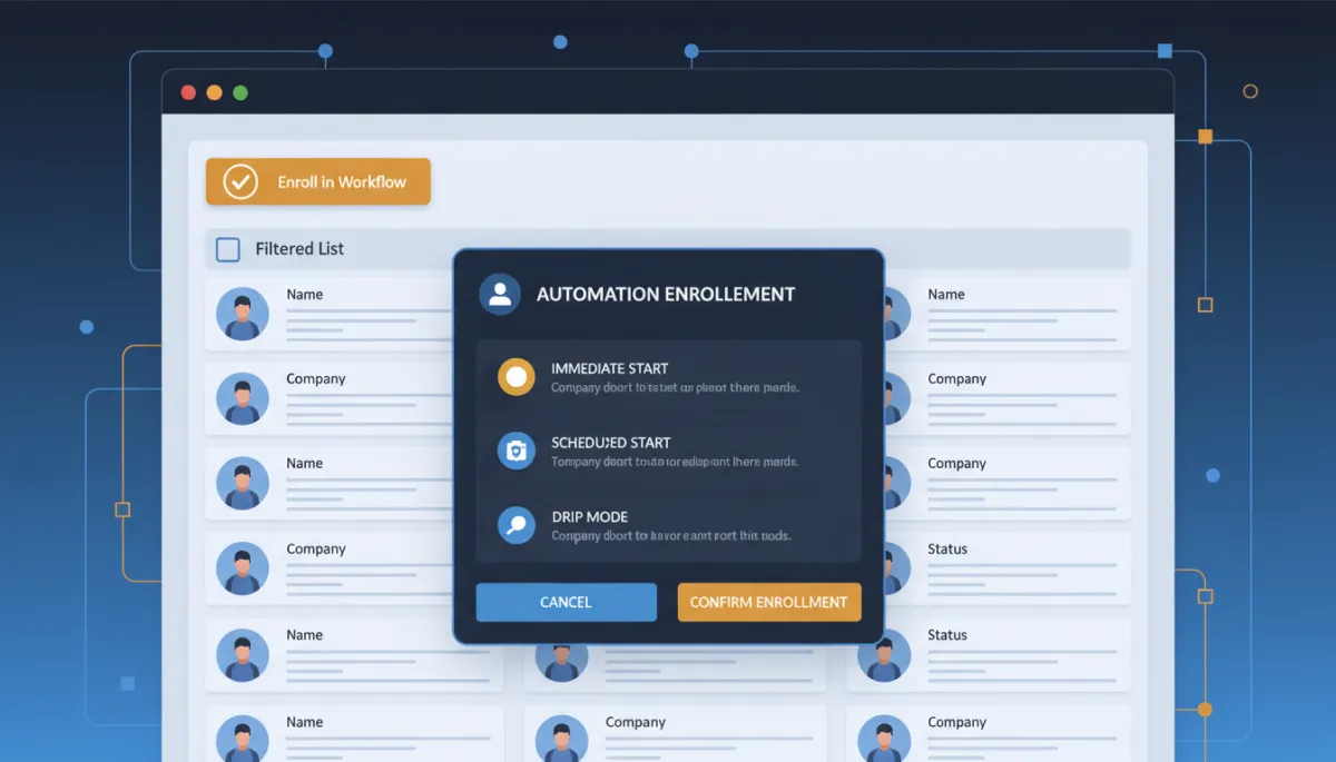 A photorealistic CRM interface showing a bulk action of enrolling hundreds of cold leads into an automated workflow. The screen displays a filtered contact list, a bulk select checkbox for all leads, and an automation enrollment modal with options for immediate, scheduled, or drip mode. The interface uses brand colors: Dark Navy #233854, Medium Blue #416088, Light Blue #7aacDD, Gold #e5c059, Burnt Orange #B86133. The mood is efficient, modern, and businesslike, with realistic UI elements and a sense of mass automation. The image suggests effortless large-scale lead management.