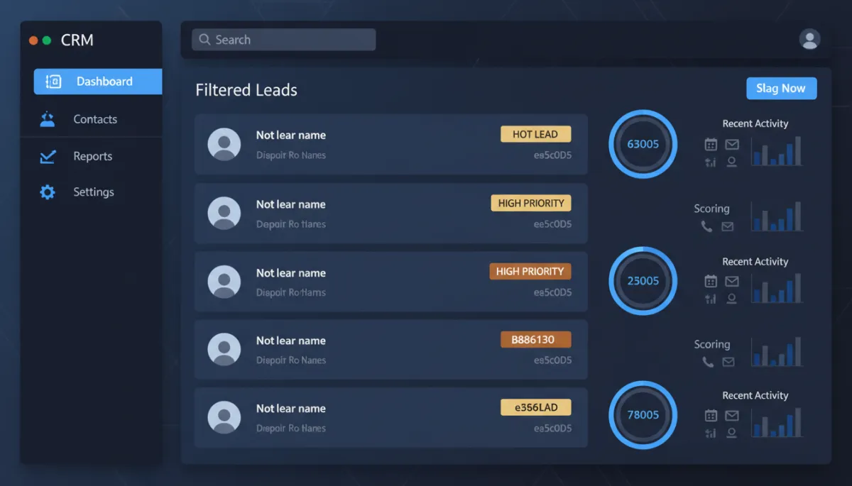 A photorealistic CRM dashboard showing a filtered, prioritized contact or lead list. Hot leads are highlighted with gold (#e5c059) and burnt orange (#B86133) tags, with the interface using dark navy (#233854), medium blue (#416088), and light blue (#7aacDD) as background and accent colors. The dashboard displays scoring, recent activity, and clear visual cues of high-priority leads. The overall look is professional and modern.