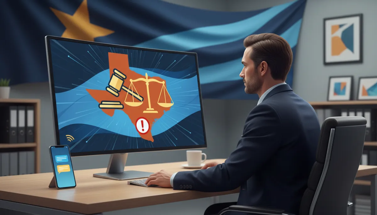 A photorealistic image showing a business owner in an office, looking at a computer screen displaying a warning about Texas SMS compliance laws. Prominently feature legal compliance symbols (such as a gavel or scales), a smartphone with a text message, and a map or flag of Texas in the background. Use brand colors: Dark Navy #233854, Medium Blue #416088, Light Blue #7aacDD, Gold #e5c059, Burnt Orange #B86133.