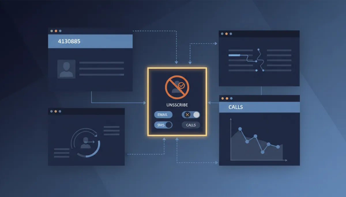 A photorealistic image of a CRM dashboard instantly processing an unsubscribe request, visually showing automated opt-out compliance. A notification or status indicator shows 'Unsubscribed' and channels (email, SMS, calls) being toggled off automatically. The interface uses brand colors: Dark Navy #233854, Medium Blue #416088, Light Blue #7aacDD, Gold #e5c059, Burnt Orange #B86133.