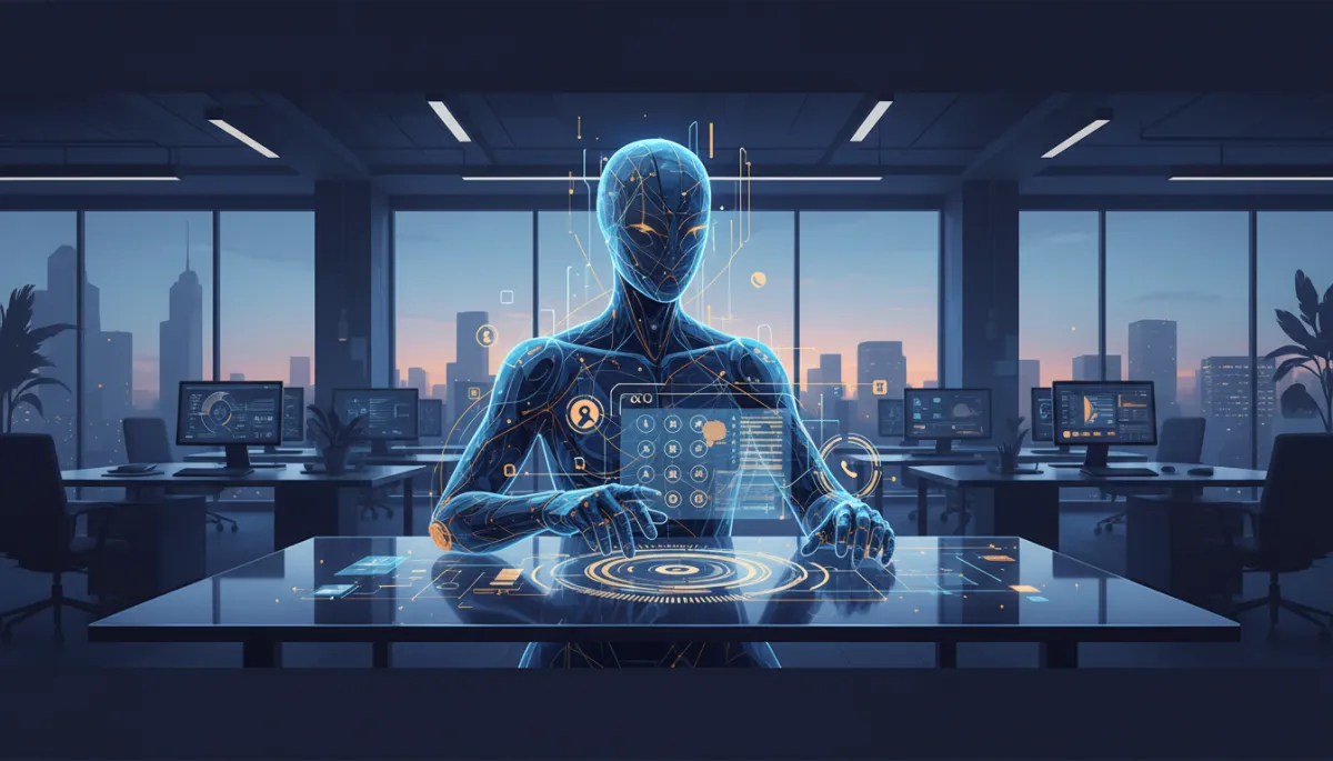 A photorealistic image of an AI-powered voice assistant making outbound phone calls in a modern office setting. The AI is represented by a glowing abstract interface or avatar interacting with a digital phone dialer, with visual elements incorporating the brand colors: Dark Navy #233854, Medium Blue #416088, Light Blue #7aacDD, Gold #e5c059, and Burnt Orange #B86133. The scene conveys seamless, automated communication technology in action.