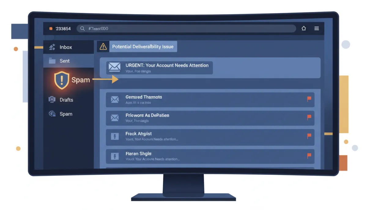 A photorealistic image showing a computer screen with an email client open, highlighting an email being moved into the spam or junk folder. The interface should clearly use brand colors: Dark Navy #233854, Medium Blue #416088, Light Blue #7aacDD, Gold #e5c059, and Burnt Orange #B86133. The visual should suggest diagnosing or noticing a deliverability issue, such as a warning icon or alert near the spam folder. The setting is professional and modern, evoking email deliverability challenges.