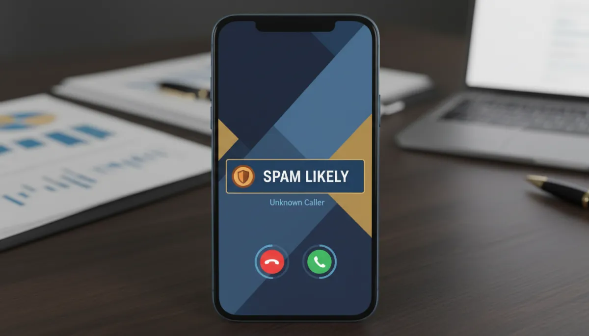 A photorealistic image of a smartphone screen showing an incoming call labeled 'Spam Likely.' The interface should use brand colors: Dark Navy #233854, Medium Blue #416088, Light Blue #7aacDD, Gold #e5c059, Burnt Orange #B86133. The screen should clearly display the 'Spam Likely' warning, and the phone's background or UI accents should subtly incorporate the brand palette. The setting should evoke a business context, such as a desk with business documents blurred in the background.