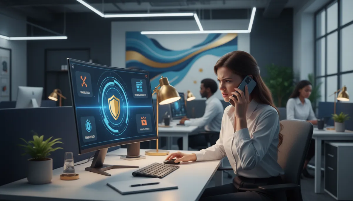 A photorealistic image of a frustrated sales team member sitting at their desk, holding a phone and visibly annoyed by a spam or robocall. The scene includes a computer screen displaying a modern call filtering dashboard with clear indications of blocked spam calls. The office environment uses accents and lighting in brand colors: Dark Navy #233854, Medium Blue #416088, Light Blue #7aacDD, Gold #e5c059, Burnt Orange #B86133. The overall mood conveys productivity being disrupted by unwanted calls, but with a sense of protection from the filtering tools.