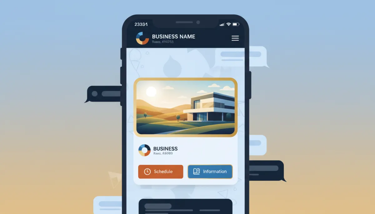 A photorealistic smartphone screen displaying an RCS message conversation. The message shows a branded business name and logo in brand colors (Dark Navy #233854, Medium Blue #416088, Light Blue #7aacDD, Gold #e5c059, Burnt Orange #B86133). Below the logo, there is a rich media card with an image, business branding, and two interactive buttons (such as 'Book Now' and 'Learn More'), all styled in the brand color palette. The design is clean, modern, and realistic, clearly differentiating the branded RCS experience from plain SMS.