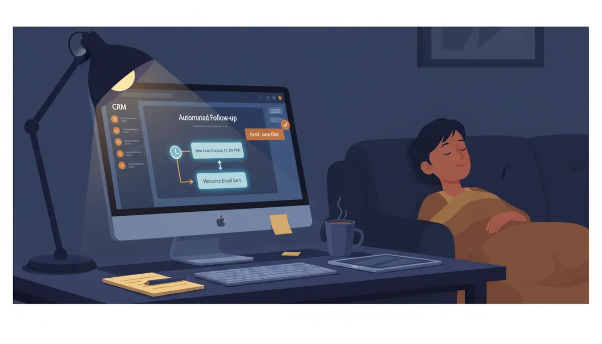 A photorealistic scene of a small business owner's workspace at night, illuminated by a soft desk lamp in dark navy and medium blue tones. On the computer screen, a CRM dashboard shows an automated workflow catching a new lead at 11pm. In the background, a sleeping business owner is visible, resting peacefully. Interface elements and subtle accents in gold, light blue, and burnt orange highlight the automation process. The image should convey a sense of trust and relief, emphasizing that automated follow-up is running overnight.