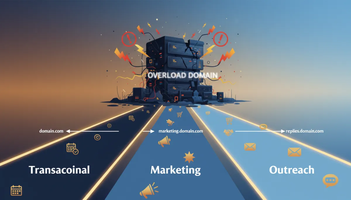 A photorealistic diagram illustrating proper email domain separation: three separate lanes or pathways, each labeled with a different email type (Transactional, Marketing, Outreach), each using a different domain or subdomain. The background shows a central overloaded domain suffering, with visual cues like warning/damage icons. Use brand colors: Dark Navy #233854, Medium Blue #416088, Light Blue #7aacDD, Gold #e5c059, Burnt Orange #B86133. Place image after the blockquote about appointment reminders paying the price for last week’s flash sale.