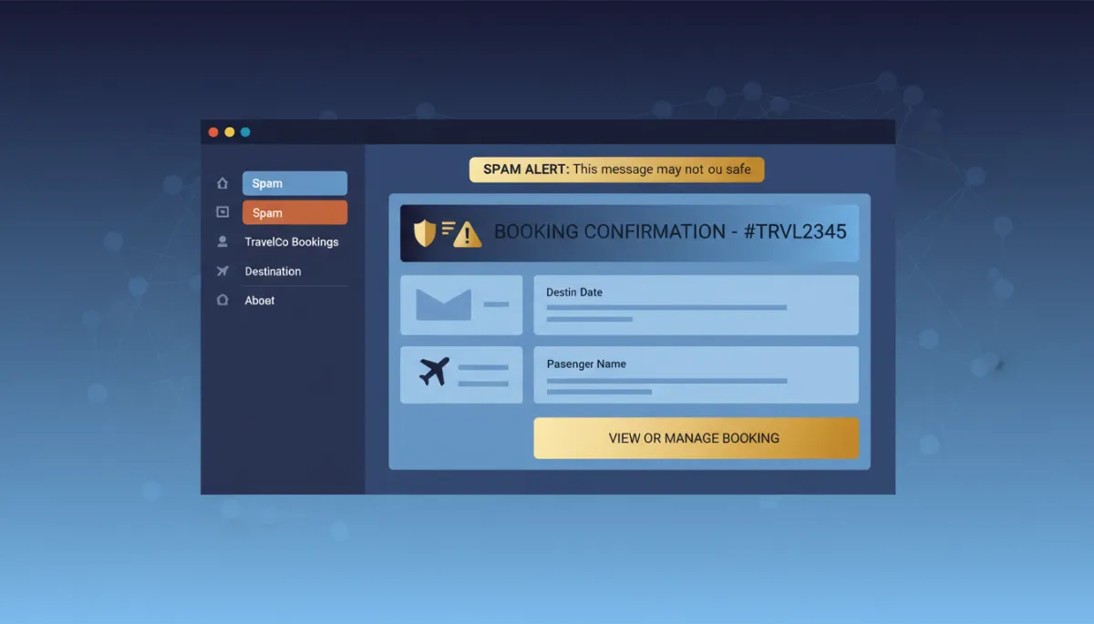 A photorealistic image showing a booking confirmation email trapped in a spam folder, with visual cues like a highlighted spam tab and an email preview showing booking details. Incorporate brand colors: Dark Navy #233854, Medium Blue #416088, Light Blue #7aacDD, Gold #e5c059, Burnt Orange #B86133. The image should feel modern, trustworthy, and professional.