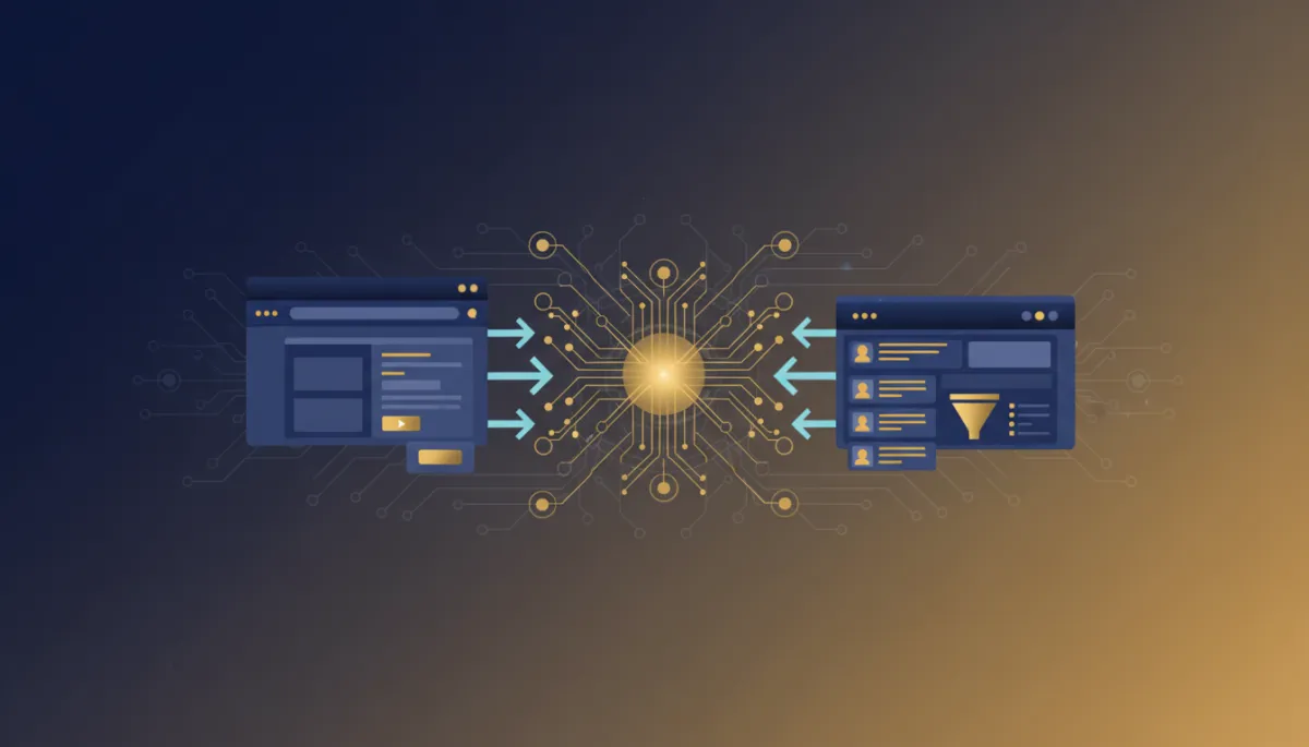 A photorealistic image of a workflow automation interface showing data flowing seamlessly from a web page to a CRM system, with brand colors deep navy blue (#233854) and gold (#e5c059) subtly incorporated.