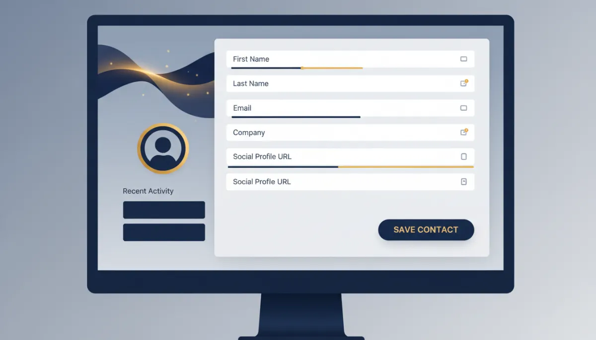 A photorealistic image of a computer screen displaying a CRM dashboard auto-populating contact fields from web data, with accent elements in deep navy blue (#233854) and gold (#e5c059).