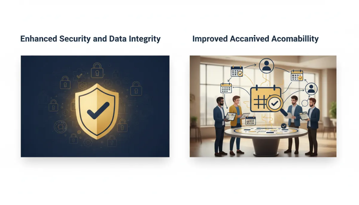 Add 2 photorealistic inline article images to this existing blog post about unified calendar role permissions across Meetings, Services, and Rentals — giving each team member the right level of access. Use brand colors #233854 (deep navy) and #e5c059 (gold). Do not modify any existing text content — only add images.. Style: Professional quality, photorealistic, high resolution