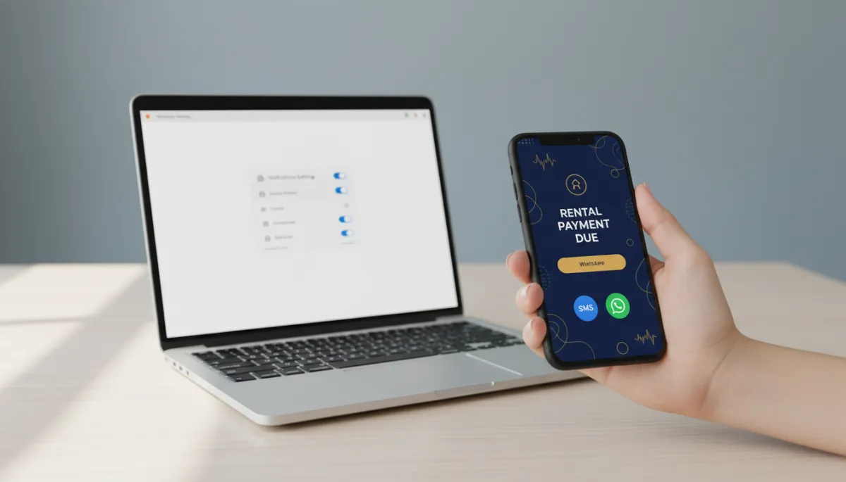 A photorealistic image of a clean, contemporary office desk with a laptop open to a notifications settings page. A hand is holding a smartphone showing a reminder notification for a rental, featuring design elements in deep navy (#233854) and gold (#e5c059). Both SMS and WhatsApp icons are visible on the screen.