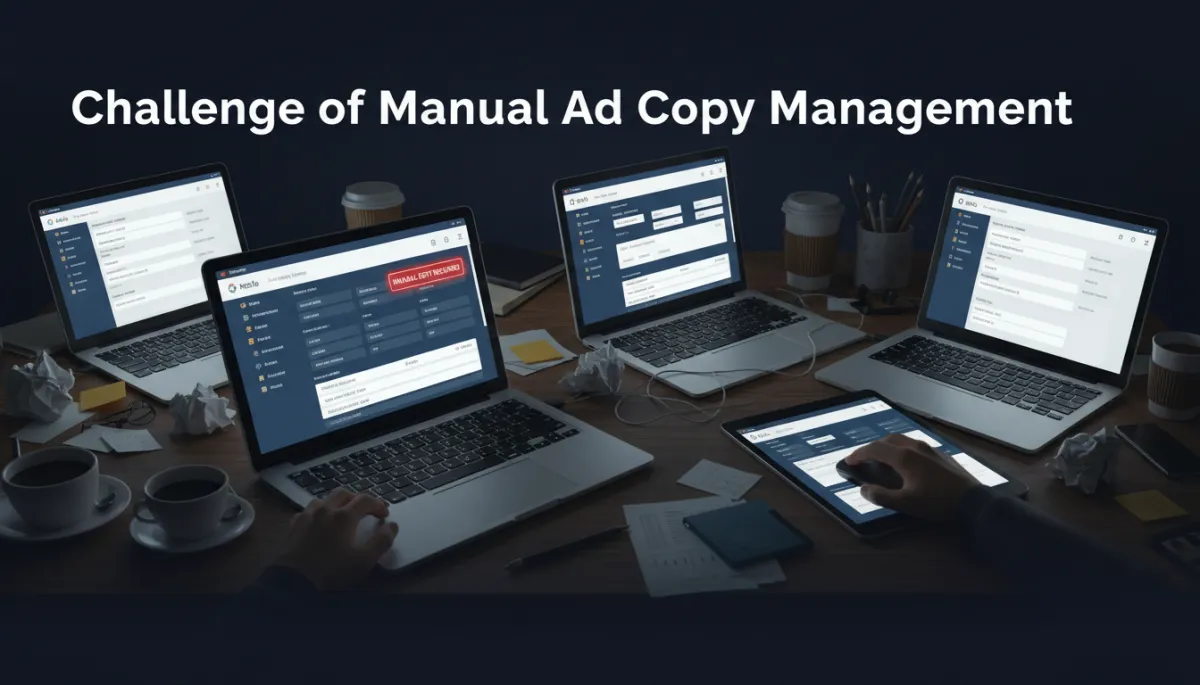 Add 2 photorealistic inline article images to this existing blog post about dropping reusable custom values — business name, city, offer, phone — into ad copy across Meta, Google, and LinkedIn using Ad Manager. Use brand colors #233854 (deep navy) and #e5c059 (gold). Do not modify any existing text content — only add images.. Style: Professional quality, photorealistic, high resolution