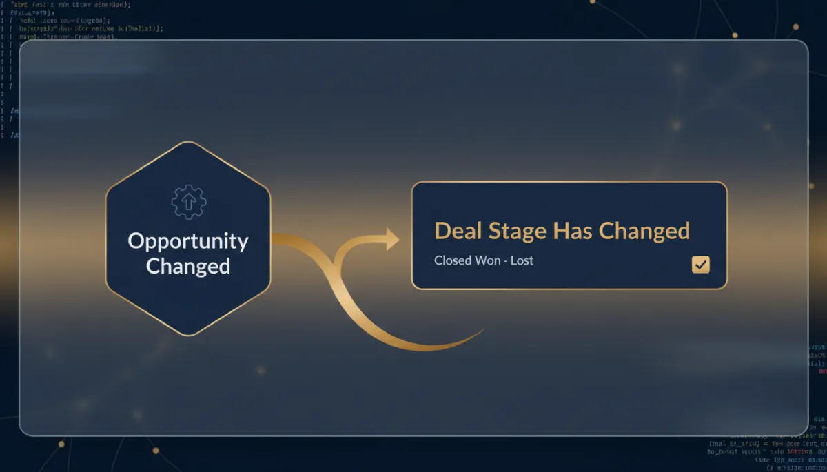 Add 2 photorealistic inline article images to this existing blog post about the Opportunity Changed workflow trigger with Has Changed and Has Changed To operators — firing on real deal stage changes, not every minor edit. Use brand colors #233854 (deep navy) and #e5c059 (gold). Do not modify any existing text content — only add images.. Style: Professional quality, photorealistic, high resolution
