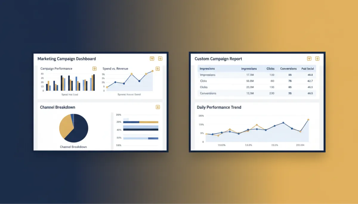 Add 2 photorealistic inline article images to this existing blog post about dashboards and custom reports now sharing one clean, consistent visual system — same charts, filters, and builders across all reporting views. Use brand colors #233854 (deep navy) and #e5c059 (gold). Do not modify any existing text content — only add images.. Style: Professional quality, photorealistic, high resolution
