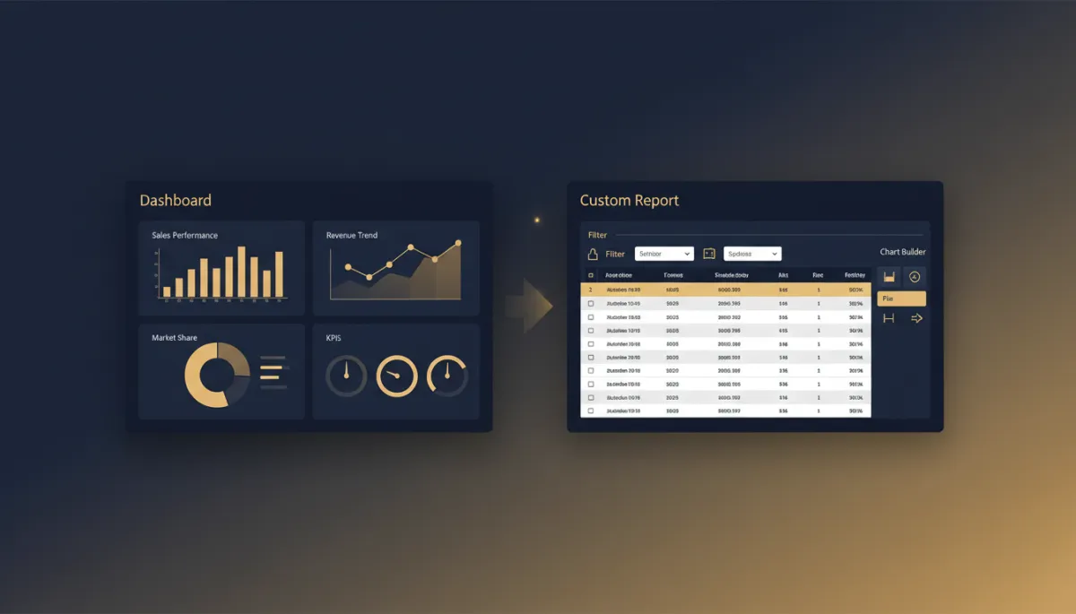 Add 2 photorealistic inline article images to this existing blog post about dashboards and custom reports now sharing one clean, consistent visual system — same charts, filters, and builders across all reporting views. Use brand colors #233854 (deep navy) and #e5c059 (gold). Do not modify any existing text content — only add images.. Style: Professional quality, photorealistic, high resolution