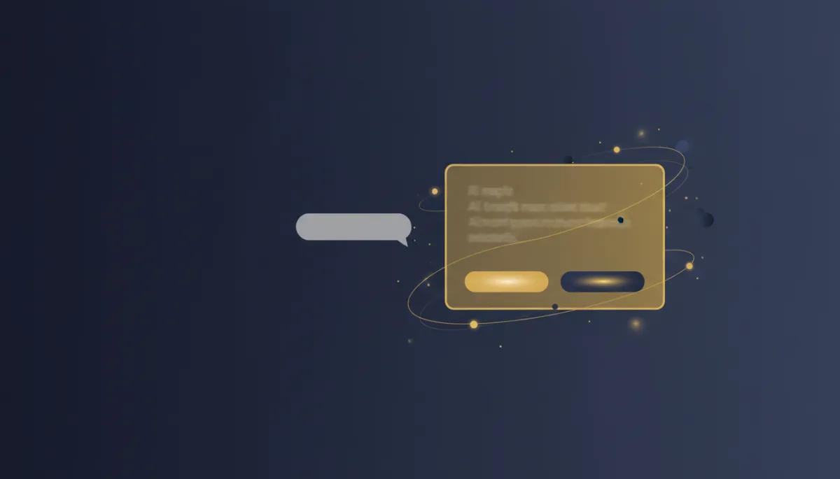 A photorealistic image of a modern chat application on a computer screen, where an incoming message triggers an AI assistant (with a subtle gold and deep navy UI accent) to draft a suggested reply in the background. The suggestion card is visible and ready for review, with brand colors #233854 (deep navy) and #e5c059 (gold) highlighted in the UI. The focus is on speed and automation.