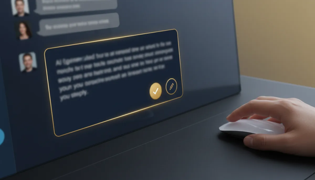 A photorealistic close-up of a user reviewing and editing an AI-generated suggested reply in a chat interface. The suggestion card uses deep navy (#233854) and gold (#e5c059) brand colors, emphasizing the ease of accepting or editing the draft before sending. Show a hand on a mouse or keyboard, ready to accept or edit the suggestion.