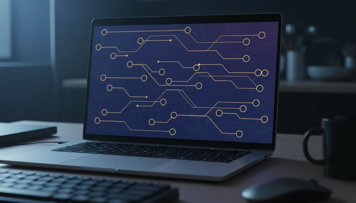 Photorealistic tech scene showing an AI assistant dashboard with branching trigger logic timelines, key nodes highlighted in navy #233854 and connection lines in gold #e5c059, modern interface on a laptop in a dim workspace
