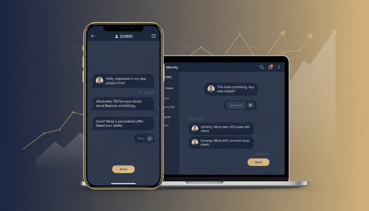 Photorealistic business chat interface on a phone and laptop, AI messages appearing at key points in a sales conversation, UI elements accented with navy #233854 and gold #e5c059, subtle graphs showing conversion lift in the background
