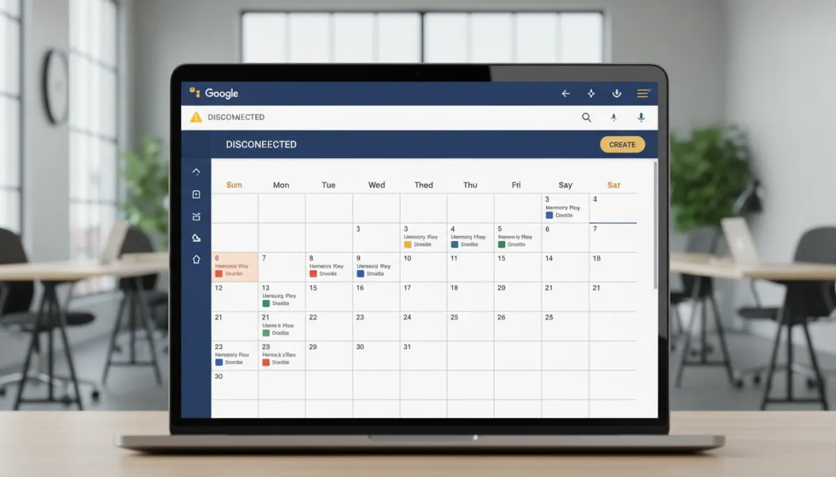 Photorealistic close-up of a laptop screen showing a Google Calendar with a warning icon and disconnected status, subtle UI accents in navy #233854 and gold #e5c059, modern tech office background slightly blurred