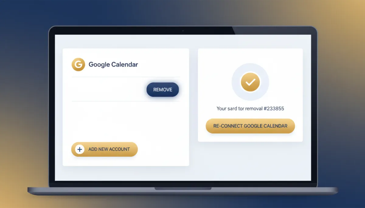 Photorealistic dashboard view of calendar settings on a laptop, showing a user removing and re-adding a Google Calendar connection with buttons and highlights in navy #233854 and gold #e5c059, clean tech interface style
