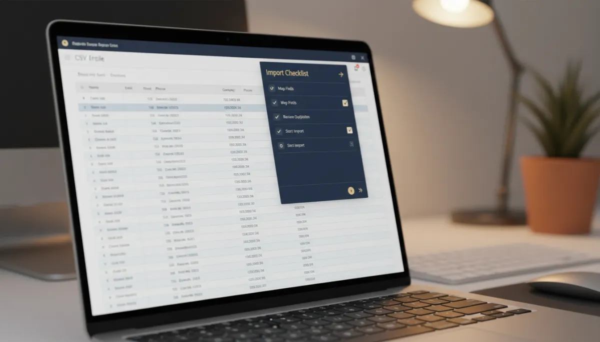 Photorealistic close-up of a laptop screen showing a CSV contact file and an import checklist overlay