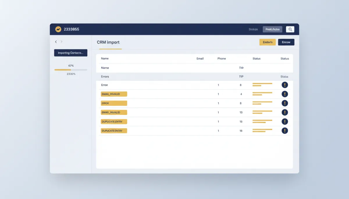 Photorealistic CRM dashboard view showing a contact import process with highlighted error codes