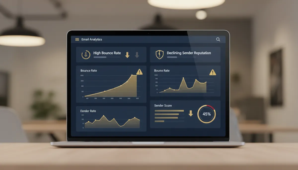 Photorealistic tech-style scene of an email analytics dashboard