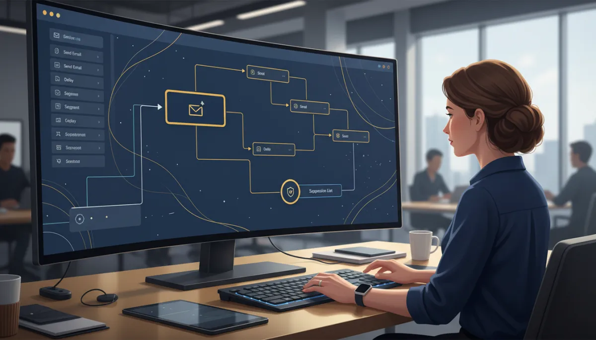 Photorealistic close-up of a marketing operations specialist configuring an email automation workflow