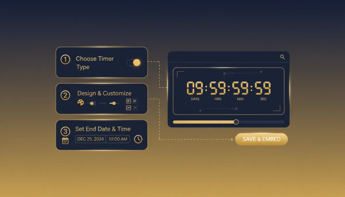 Photorealistic/tech style image of a digital interface for setting up an email countdown timer, highlighting steps and visual controls, with strong use of Lead Savage brand navy #233854 and gold #e5c059. Place after the heading 'Setting one up'.