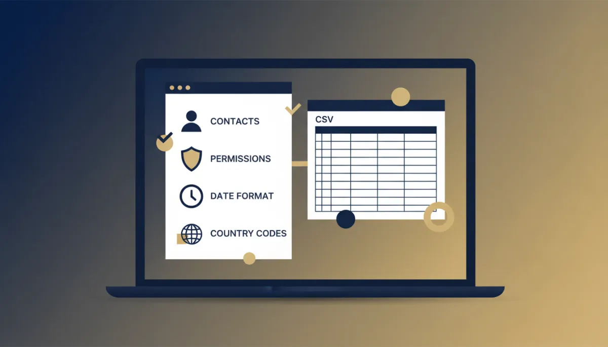 A modern, brand-styled illustration featuring a checklist and a CSV file on a laptop screen, using navy (#233854) and gold (#e5c059) accents, visually representing a pre-import checklist for contact data.