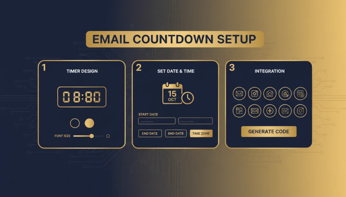 Photorealistic/tech style image of a digital interface for setting up an email countdown timer, highlighting steps and visual controls, with strong use of Lead Savage brand navy #233854 and gold #e5c059. Place after the heading 'Setting one up'.