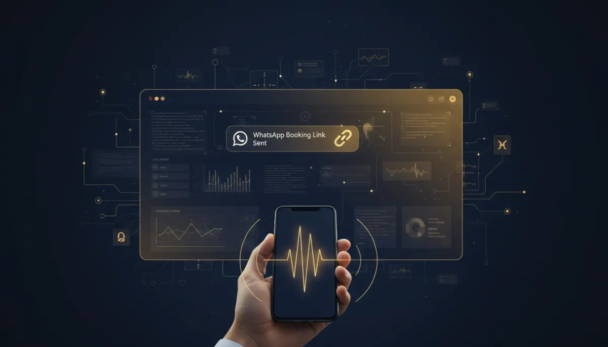 Photorealistic tech scene: a customer is on a smartphone call with clear focus on a modern AI dashboard styled with Lead Savage navy (#233854) and gold (#e5c059) accents. The dashboard clearly shows a WhatsApp booking link being sent automatically mid-call. Visuals include a subtle WhatsApp icon and a call waveform, all with a high-tech, brand-consistent look.