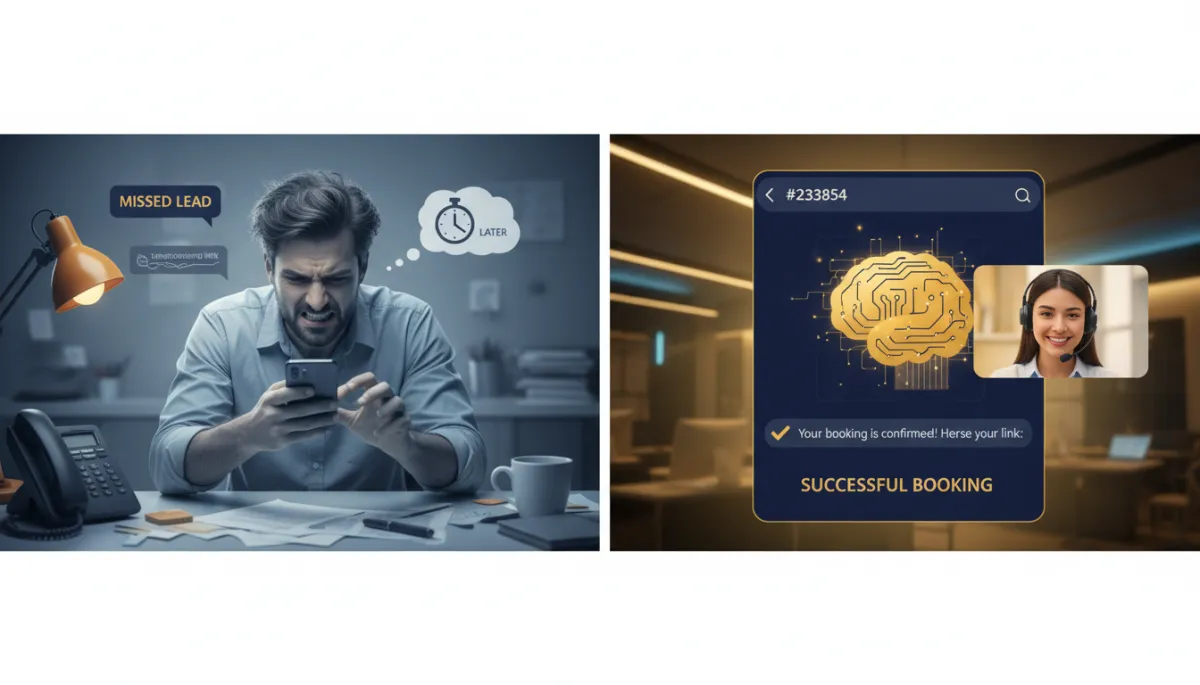 Photorealistic split-screen: left side shows a frustrated service business owner manually texting a booking link later and missing a lead; right side shows an AI assistant, branded in Lead Savage navy (#233854) and gold (#e5c059), automatically sending a WhatsApp booking link mid-call, leading to a successful booking. The scene has a modern office tech aesthetic and clear brand accents.